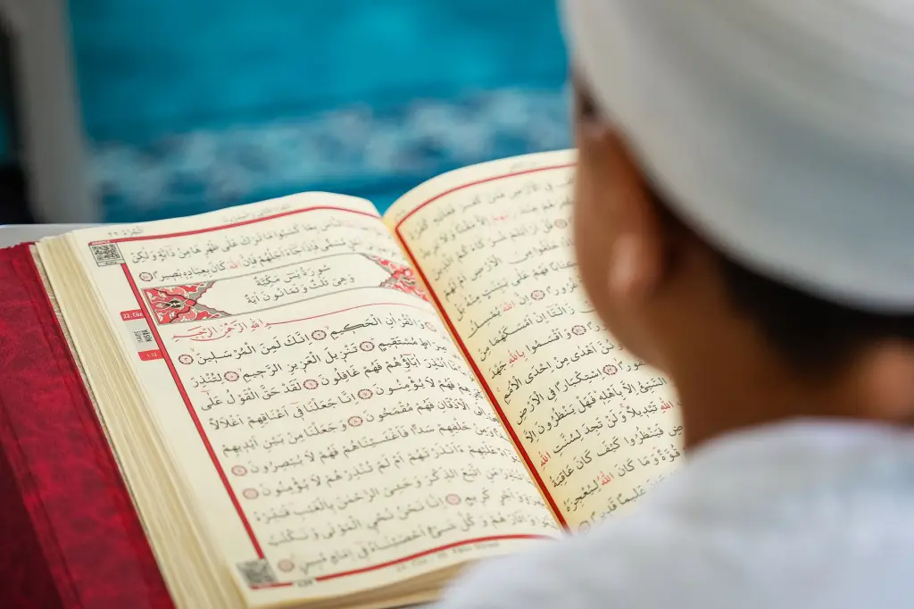A child attentively reading pages of the Quran, capturing cultural and religious study.