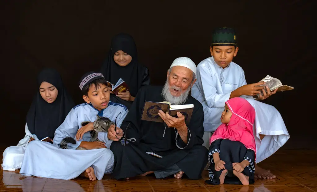 A multigenerational family reading the Quran together, emphasizing togetherness and faith.